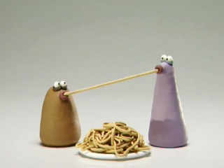 purple and brown eating spaghetti